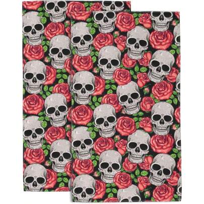 2pc Gothic Skull & Roses Hand Towel Set - Day Of The Dead Halloween Decor, Ultra-Soft Absorbent 16x24inches Bath & Kitchen Towels, Edgy Floral Design For Goth Home, Yoga Studio & Altar Decor - Mexican Sugar Skull Style