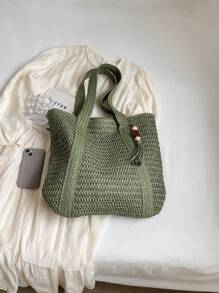 New Fashion Versatile Tote Bag, Beach Holiday Bag, Lightweight Elegant Design Straw Woven Boho Style Shoulder Bag, Large Capacity Commuting Daily Shopping Vacation Handbag For Women, College Students, Teens, With Tassel Pendant