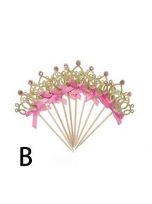 1set/5pcs,Golden Crown Ribbon Cupcake Skewers With Pink Bow Accents - Perfect For Decorating Birthday Parties, Weddings, Dessert Cupcakes, Cocktail Skewers, Suitable For Gatherings, Party Celebrations, And Corporate Events