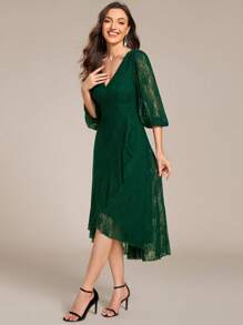 EVERPRETTY Women's Lace V Neck Sheer Midi Dark Green Wedding Guest Dresses Formal Dresses For Wedding, Bridesmaid Dress