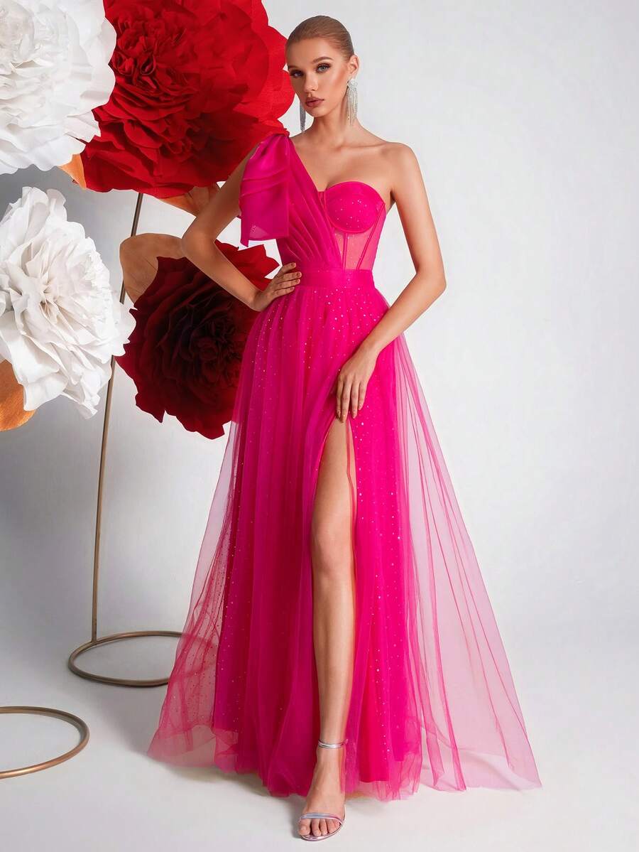 ADYCE Vestido de baile, fiesta, formal, de noche, y para invitada de boda con diseño de un solo hombro, lazo, cintura alta, abertura trasera y decoración de strass - Rosa Fucsia - Ver 1