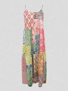 Women Summer Spaghetti Strap Patchwork Floral Geometric Print Casual Holiday Dress
