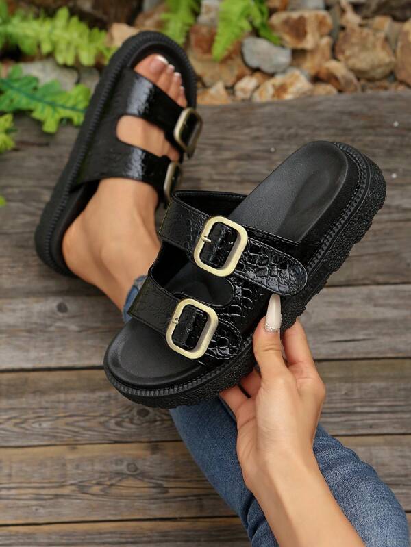 Sandales à talons compensés avec plateforme, sangle  effet pierre noire, style polyvalent pour femmes. Sandales simples à semelle épaisse pour l'extérieur