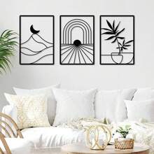 Set de 3 piezas de arte de pared de plantas y metal negro - Decoración moderna para el hogar, acentos festivos, arte de pared elegante