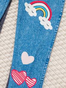 3pcs Girls Denim Effect Print Fitted Pants Set