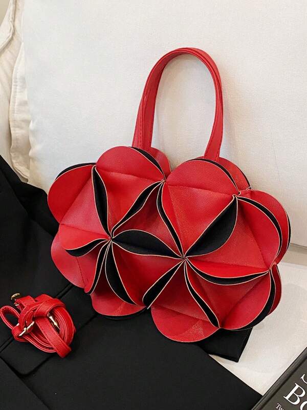 1 pezzo Borsa a tracolla in PU con design originale, plissettata bifacciale con motivo floreale rosso, adatta come regalo per la festa della mamma