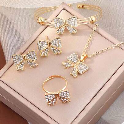 5 件套金色水晶蝴蝶时尚、百搭、休闲首饰套装，适合女孩