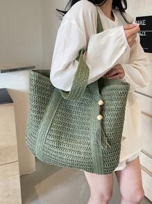 New Fashion Versatile Tote Bag, Beach Holiday Bag, Lightweight Elegant Design Straw Woven Boho Style Shoulder Bag, Large Capacity Commuting Daily Shopping Vacation Handbag For Women, College Students, Teens, With Tassel Pendant
