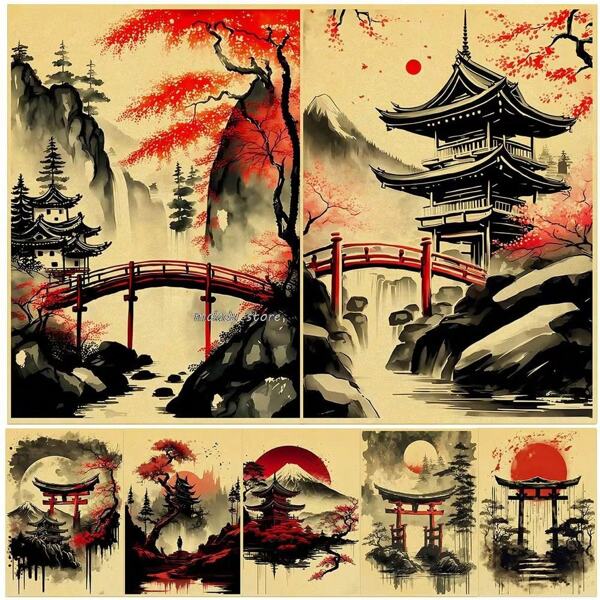 1pc /3PCS Wall Arts Posters Frameless/Framed Travel Japanese Natural Landscape Mountain Temple Canvas Painting Red Black Posters Vintage Ink Art Wall Prints For Room Home Decor ,Wall Art With Frame