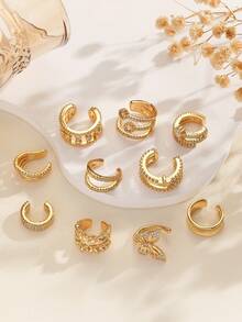 1 Pc Minimalist Stylish Ear Cuff Clip-On Earrings For Women, Copper Plated Inlaid Diamonds Double Layer Earclips, Unique High-End Design, Punk Chic - Yellow Gold - View 2