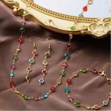 4pcs/Set Summer Fashion Crystal Necklace, Bracelet And Earring Jewelry Set, Birthday, Party, Holiday Gift For Lover, Mom, Jewelry Accessories, Random Color Crystals