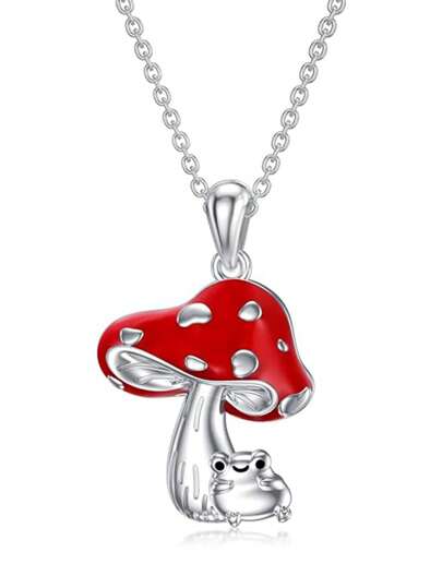 925 Sterling Silver Plated 18K Gold Red Mushroom Pendant Necklace, Everyday Versatile Women's Design, Summer BFF Date Gift With Gift Box