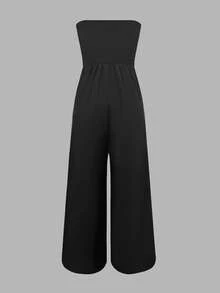 Women's Strapless Cinched Waist Pocket Wide Leg Jumpsuit, Solid Color Polyester, Summer - Black - View 3