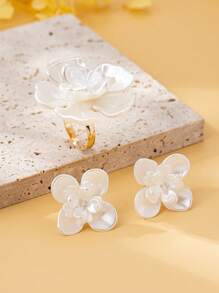 Set de regalo elegante y minimalista de 3 piezas - Anillo abierto con perla en forma de flor de rosa y aretes, accesorios de moda adecuados para mujeres, fiestas, regalos y uso diario