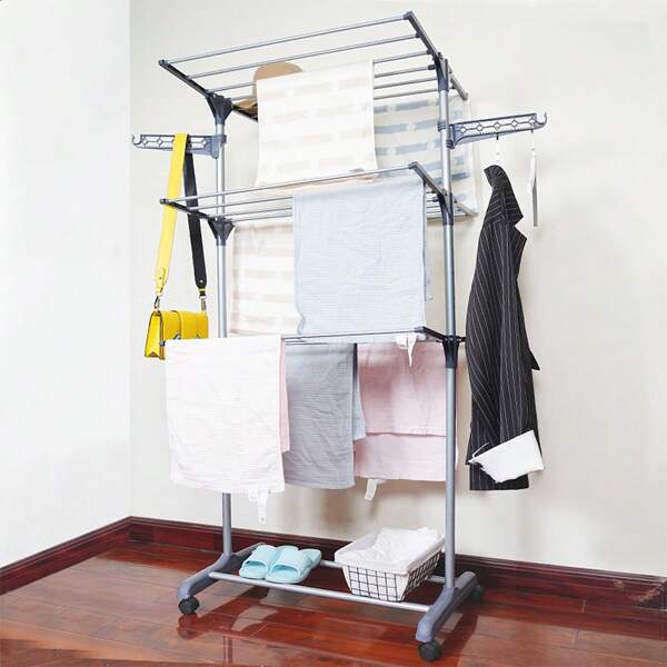 Étendoir à linge avec deux bords latéraux, support au sol pour le stockage intérieur et le séchage extérieur
