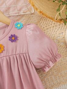 Young Girls Colorful 3D Floral Puff Sleeve Ruched Denim Effect Dress