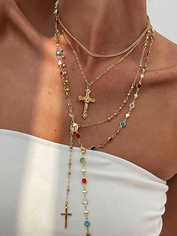4pcs/Set Bohemian Crystal Pendant Necklace Women, Tasseled Long Necklace, Vacation Style, Unique Jewelry Gift For Friends & Everyday Wear