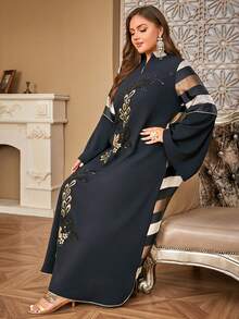 SISKAKIA Vestido elegante y con estilo para mujeres musulmanas de talla grande con mangas acampanadas, con aplicaciones de lentejuelas, cuello en V, rayas, de poliéster. Adecuado para playa, festival, boda, fiesta de cumpleaños, cita, evento formal, viaje.