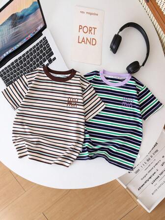 2 件装年轻男童圆领复古条纹 T 恤，夏季休闲简约上衣