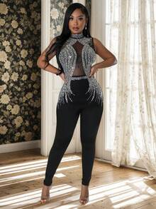 Elegant And Fashionable Women's Black Sleeveless Stand Up Collar Long Ball Dress, Semi Transparent Mesh, Rhinestone Decoration, Suitable For Party Wear, Halloween Costume, Women's Christmas Jumpsuit, Autumn,Winered, Blue,Winter Clothes For Women,New Year Women's Outfit ,Formal Ball Gowns For Women