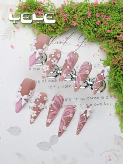 Upgrade Your Look Cost-Saving Maintaining Beautiful Nails All Times With 10pcs Stiletto Shape Handmade Classic French Tips White Flora Cottagecore Summer Full Coverage Fake Nail Set Elegant 3d Three-Dimensional Decoration Flower And Bow-Knot Sweet Heart European Style Full Cover Acrylic Press On Nails Set For Women And Girls Vanity With 1pc Mini Nail File & 1 Sheet Adhesive Tabs