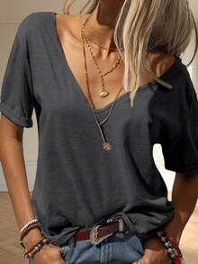 Women Deep V Neck Short Sleeve Tops Solid Casual Loose Basic T Shirt