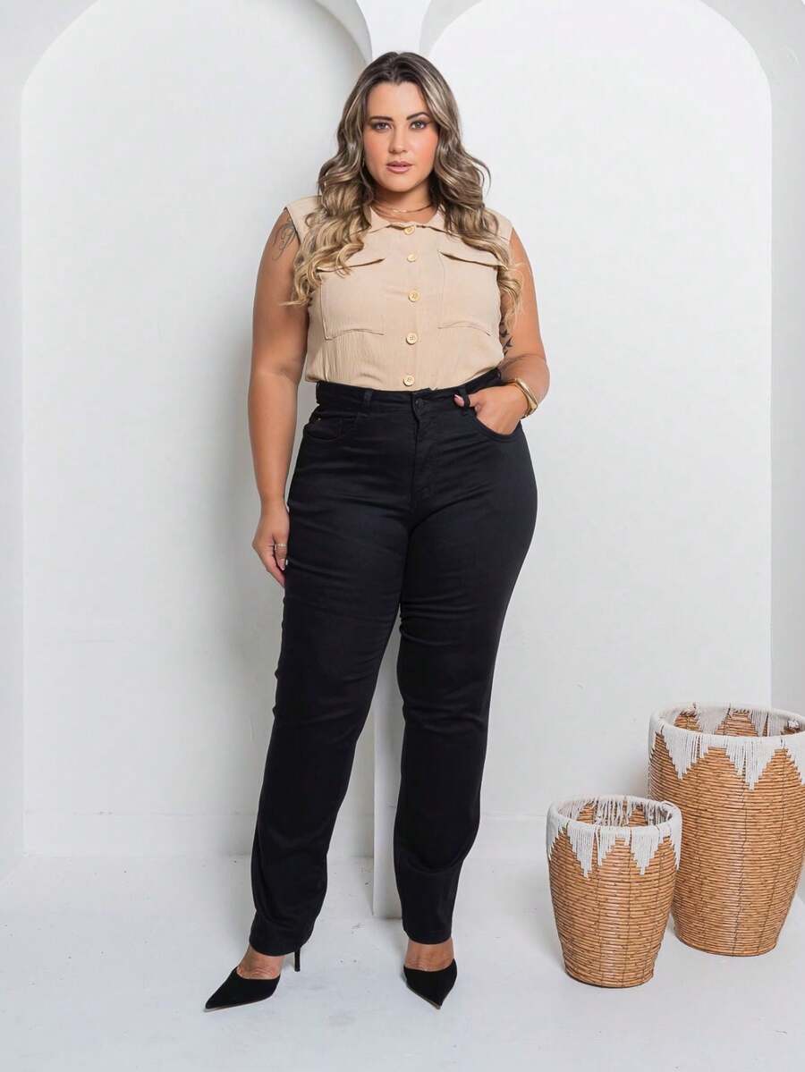 Black Straight Jeans Plus Size High Waist - 黑色 - 查看 1