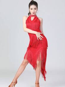 Vestido de baile latino para damas, vestido de competición con lentejuelas y flecos, vestido de baile latino asimétrico con flecos, vestido para actuación en el escenario