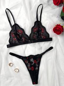1 Set di lingerie sexy da donna in 3 pezzi con ricamo di labbra rosse in rete trasparente, body con inserti in pizzo