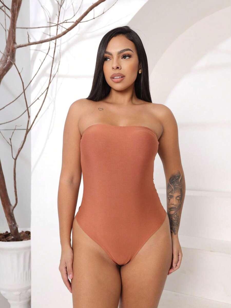 WOMEN'S STRAP-ON BODYSUIT SUPLEX WITH PADS Simple Casual Party 86 - 巧克力棕 - 查看 1