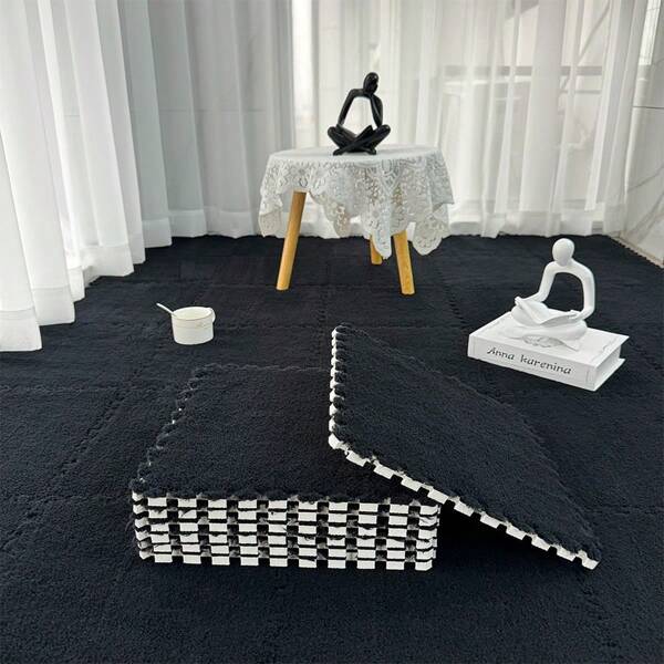 12pcs/Set (6 Mint Green + 6 White) Plush Patchwork Floor Mat, 12*12*0.39 Inches Small Size Carpet, Peel & Stick Rug, Bedroom Decor, Home Decorative Rug, Bedroom Rug, Decorative Carpet, Bedroom Carpet, Room Carpet, Living Room Carpet Set, Game Room Mat, EVA Bottom & Linen Top Rectangular Trimmable & Washable, Suitable For Daily Home Scenarios