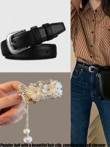 Cinto Feminino - Cinto de Couro Elegante e Simples com Fivela Prateada Brilhante, Decoração de Estudante e Jovem, Cinto de Calça Estilo Coreano, Garra de Cabelo com Strass Flor e Borla Combinando