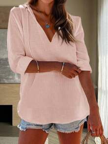 Women's Beach Cover Up Hoodies Sweatshirt Long Sleeve V Neck Pocketed Hooded Shirt Top - 粉色 - 查看 2