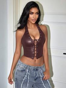 Yuwenier Y2K Punk V Neck Grommet Eyelet Tie Front Corset Crop Halter Top Backless PU Leather Shapewear Tops Concert
