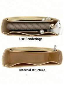 Multi-Pocket Storage Inner Bag, Felt Zipper Wallet Organizer Bag, Felt Zipper Cosmetic Organizer Bag, Lightweight Portable Travel Inner Liner Bag, Multi-Pocket Purse Inner Liner Bag, Small Handbag/Tote Bag Shaper Inner Liner Bag, Organizer Bag-In-Bag - Beige - View 3