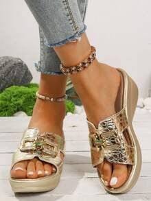 Sandalias de tacón alto doradas con hebilla, de diseño de plataforma abierta y cómoda para el verano - Dorado - Ver 4