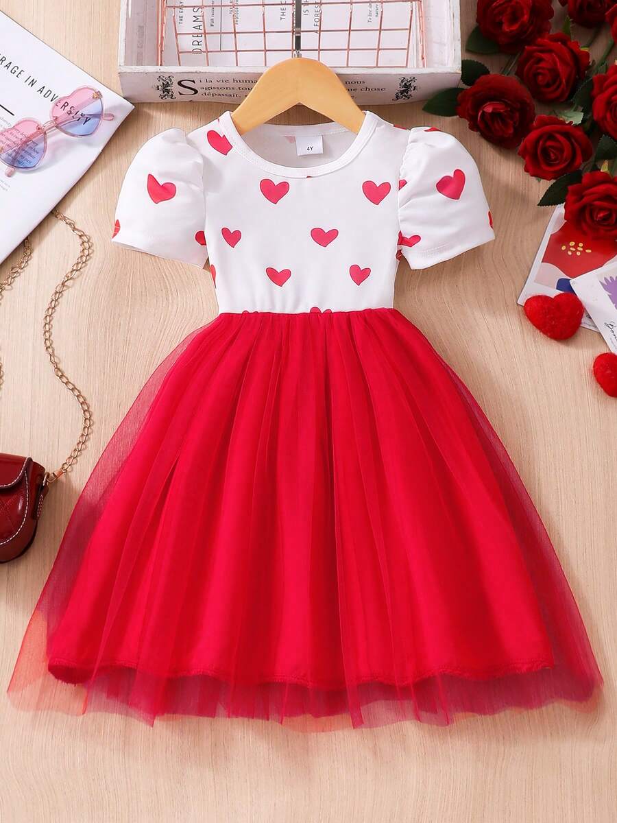 Young Girl Heart Print Short Sleeve Valentine's Day Mesh Dress - Red - View 1
