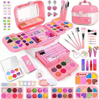 1 pieza Juego de maquillaje para niñas, Estuche de maquillaje de princesa, Conjunto de accesorios de vestir, Juego de maquillaje de actuación para niños, Tocador realista, Lápiz labial, Sombra de ojos, Rubor, Juguetes de maquillaje de juego de roles para niños
