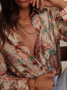 Elegant Polyester Paisley Print Blouse For Women With Lapel Collar And Button Detail - 100% Woven Polyester Fabric, All-Season Long Sleeve Shirt Top