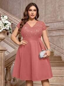 Vestito da cocktail elegante, a scollo a V, con contrasto di paillettes, decorazione floreale in pizzo, a ruota, adatto per feste di promo, feste di laurea, compleanni, e cerimonie