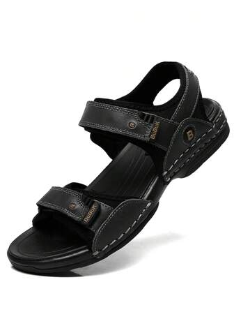 Sandalias de hombre de piel auténtica con punta abierta, transpirables, cómodas, antideslizantes para uso casual en la playa