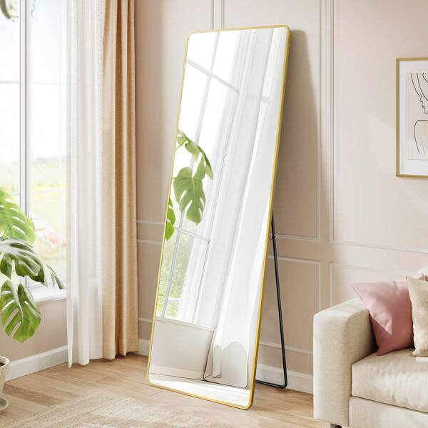 SONGMICS Miroir Intégral, 160 x 50 cm, Miroir Rectangulaire sur Pied, Grand Miroir À Poser au Sol, Cadre en Alliage d'Aluminium, Verre Trempé, pour Chambre, Salon, Dressing, Doré Clair