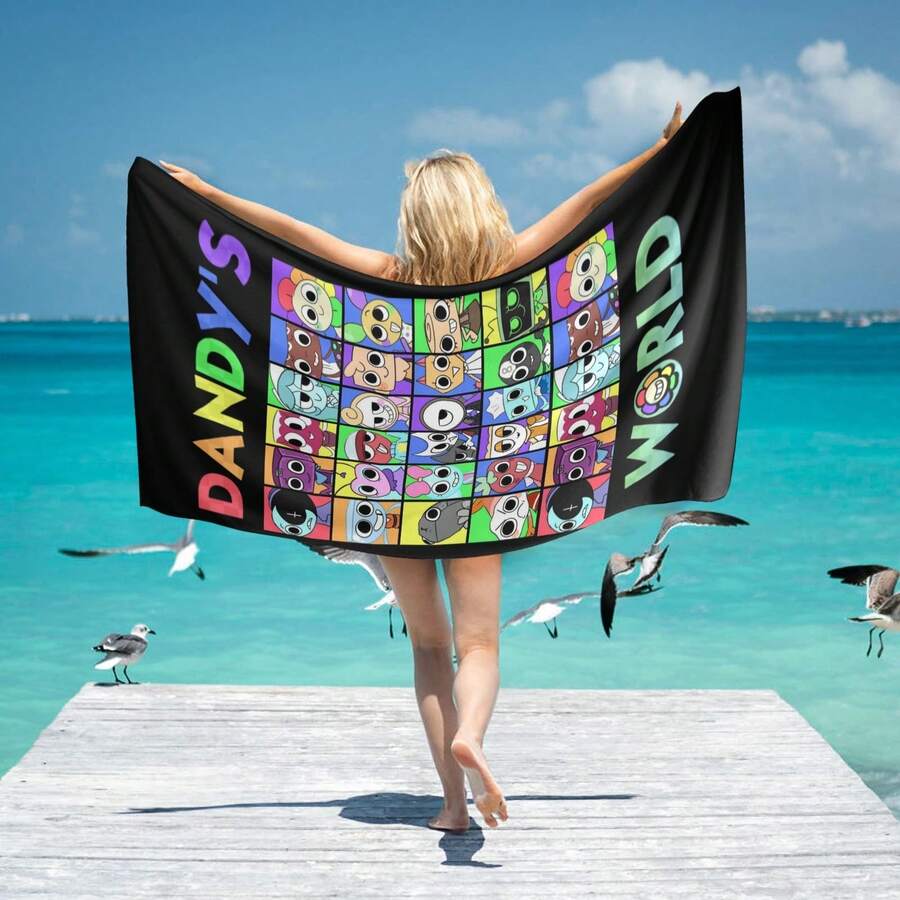 Toalla de playa con diseño de Dandy's World, toalla de baño suave de microfibra con tema de juego divertido para hombres y mujeres, de secado rápido, ligera y delgada, portátil para baño/piscina/playa, decoración de baño, verano, vuelta al colegio para salón de belleza y hogar - Multicolor - Ver 1