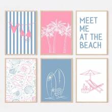 1/6pcs Pink And Blue Coastal Wall Art Picture Summer Bikini Prints Canvas Paintings Preppy Poster Vacation Beachy Decor For Bathroom, Living Room, Apartment Dorm Room Decor Umframed