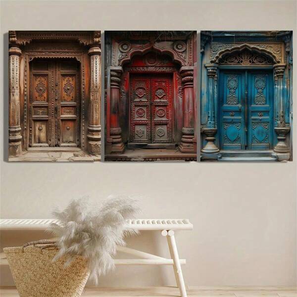 3pcs Vintage Painted Door, Ancient Door, Traditional Architecture Canvas Posters,Fashionable Home Decoration,Retro Canvas Wall Arts Printed Decoration,NO Frame/Framework ,Wall Art With Frame