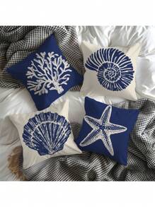 4pcs Dark Blue Ocean Design Coral Fleece Pillow Case, Sofa Cushion Cover Set