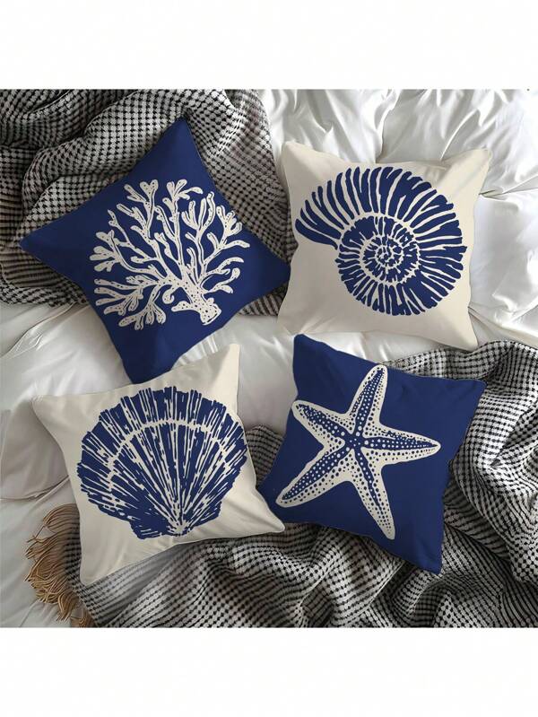 4pcs Dark Blue Ocean Design Coral Fleece Pillow Case, Sofa Cushion Cover Set