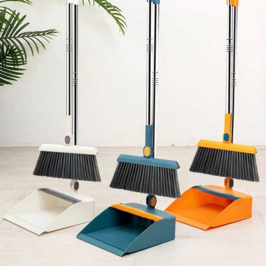 Broom And Dustpan Set, Long Handle Floor Cleaning Broom And Dustpan Set, Rotatable Broom And Dustpan With Comb For Sweeping Dust And Dirt, Suitable For Home, Kitchen, Room, Office, Cleaning Supplies, Cleaning Tools, Back To School