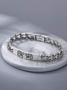 1pc 925 Sterling Silver Vintage New 10mm Wide Tiger Pattern Chunky Bracelet, Suitable For Men's Daily Wear - Antique Silver - View 6