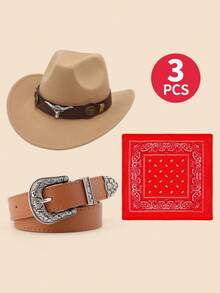 Set Kostum Koboi Barat Anak-Anak 3 Potong, Termasuk Topi Koboi, Sabuk, dan Bandana Motif Paisley, Cocok untuk Halloween - Set topi koboi - View 12